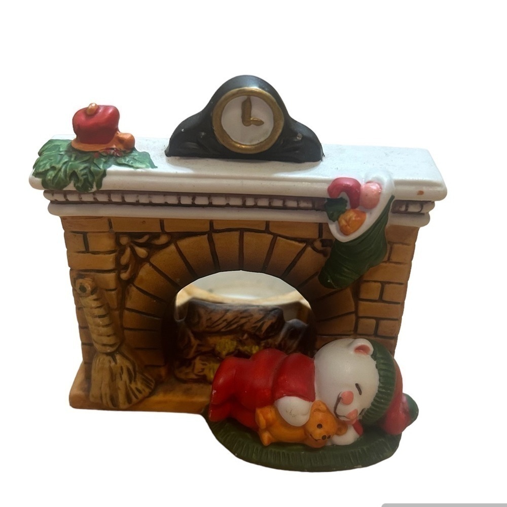 Vintage Avon Night Before Christmas Porcelain Candle Stick Holder Sleeping Bear